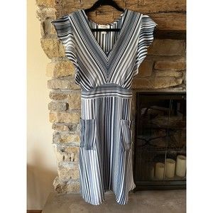 MONTEAU WOMENS SMALL S BLUE & WHITE SLEEVELESS STRIPED APRON DRESS w/ Pockets!